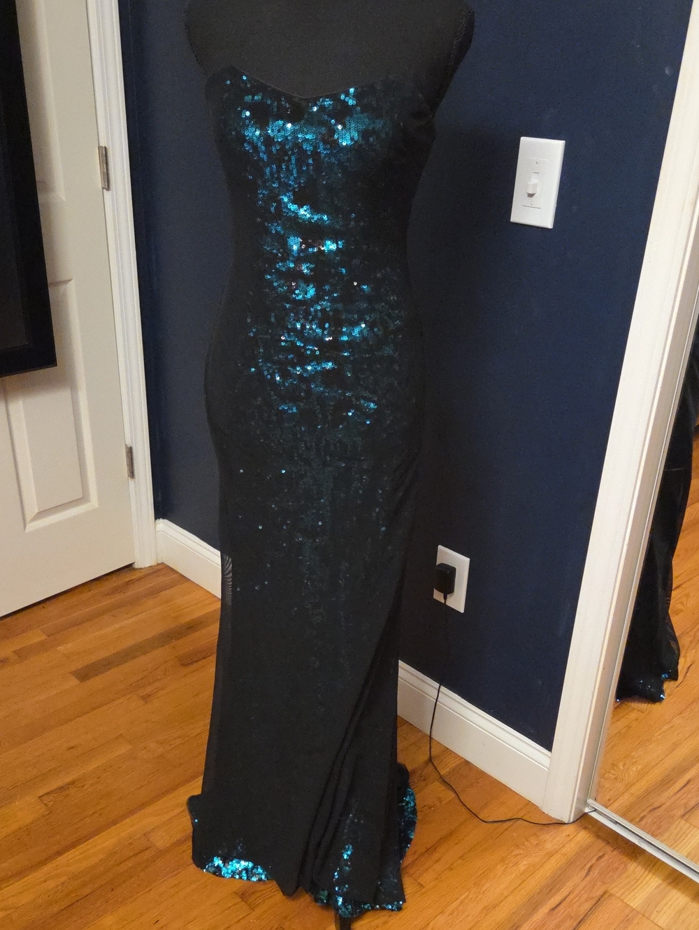 Badgley Mishka Strapless Black Tulle  Gown with Teal & Black Leopard Sequins